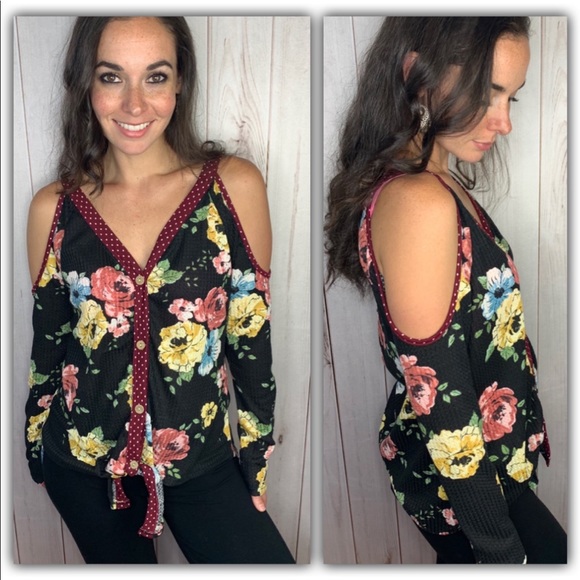 Tops - The Jessa Top- black floral cold shoulder